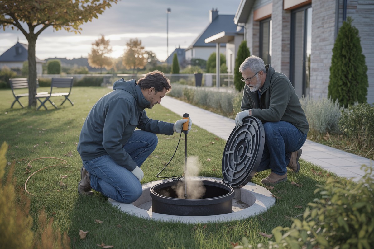 Inspection professionnelle d'une fosse septique résidentielle avec sonde de mesure adaptée