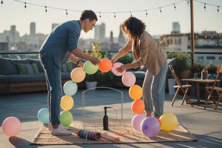 Deux personnes fixant des ballons pastel sur une arche sur un toit urbain