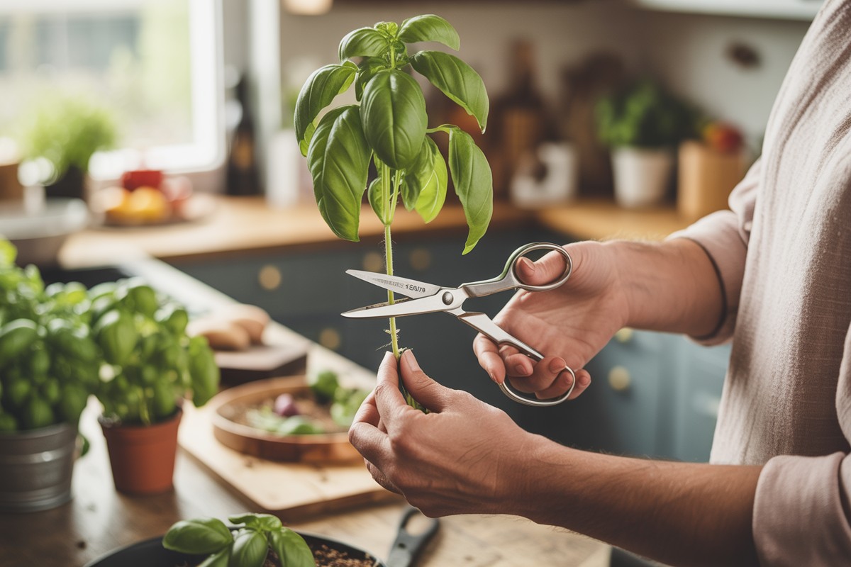 Mains coupant une tige de basilic au-dessus d'un nœud avec ciseaux propres