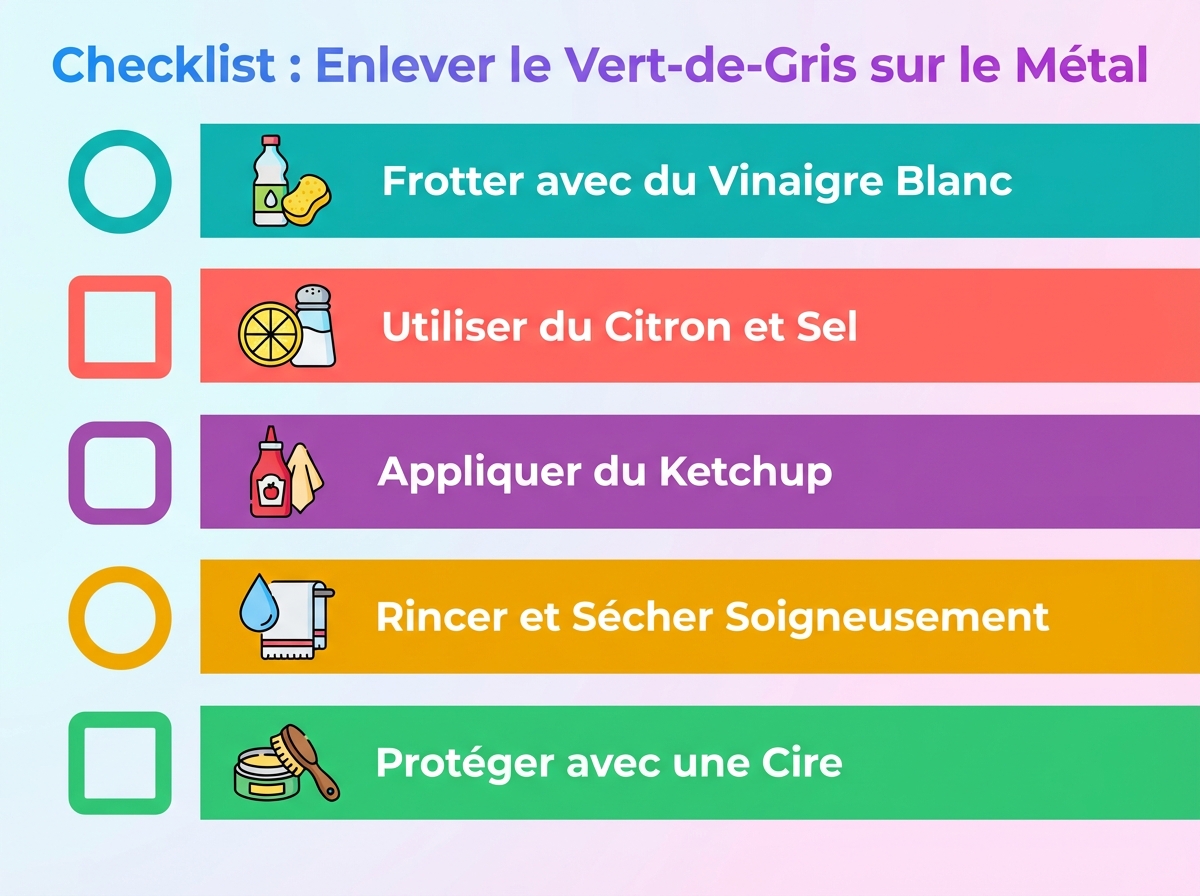 Infographie checklist : Comment enlever le vert-de-gris sur du métal : guide rapide