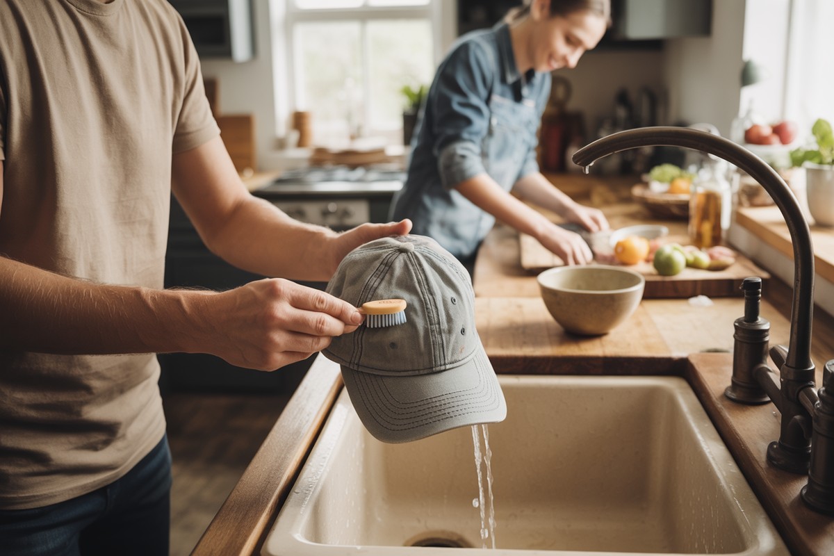 Mains brossant doucement une casquette vintage au-dessus d un évier lumineux