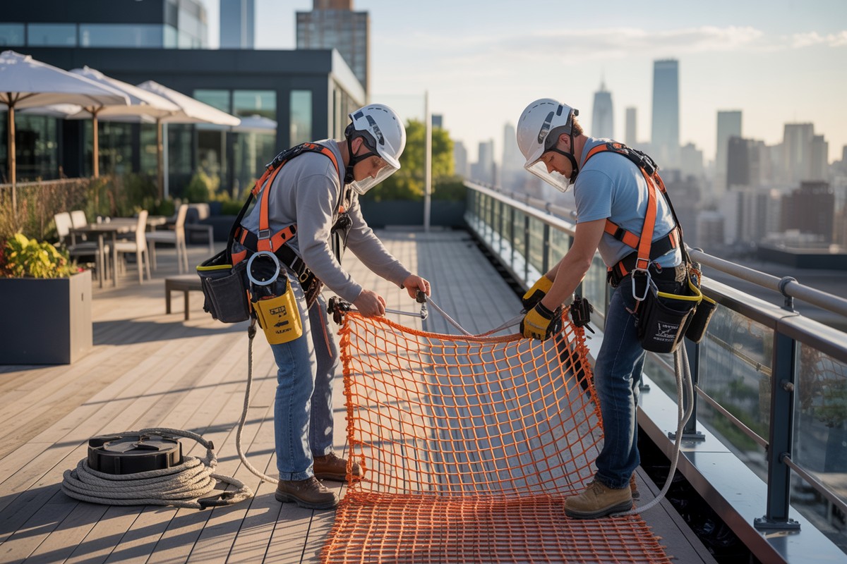 Techniciens installant filet anti chute sur toit urbain au soleil couchant