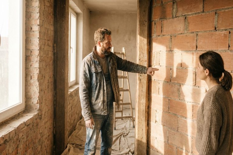 Artisan et propriétaire discutant devant un mur en briques dans un appartement en cours de rénovation