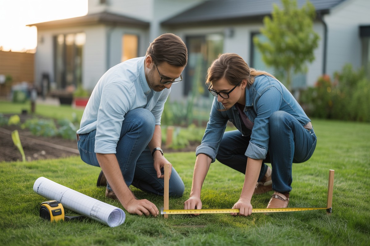 Couple mesurant deux emplacements d'abris de jardin 5m² dans leur pelouse