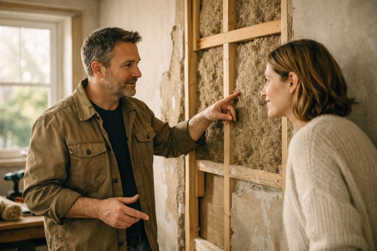 Un expert en rénovation énergétique conseille une propriétaire dans une maison en travaux.