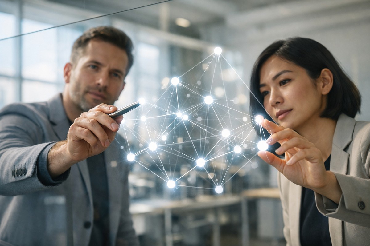 Professionnels analysant un réseau de nœuds technologiques sur une paroi en verre lumineux.