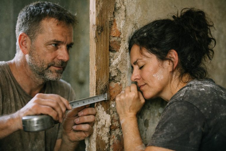 Un couple concentré en pleine rénovation, mesurant et écoutant un mur en briques pour déterminer s'il est porteur.