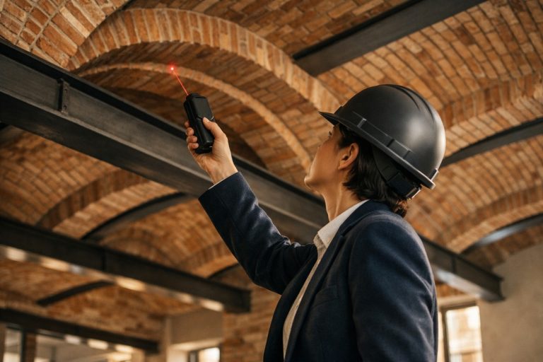 Ingénieur structurel inspectant un plafond voûté en briques lors d'une rénovation haut de gamme.