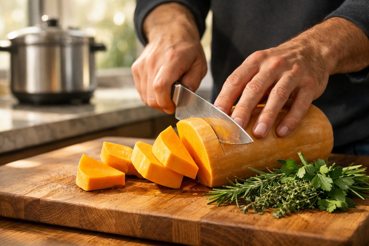 Mains découpant des légumes frais sur un îlot de cuisine moderne et lumineux.
