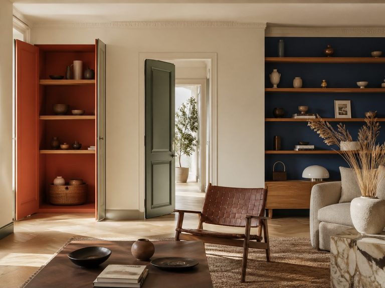 Intérieur lumineux avec touches de peek-a-boo paint dans un placard, une porte et une bibliothèque