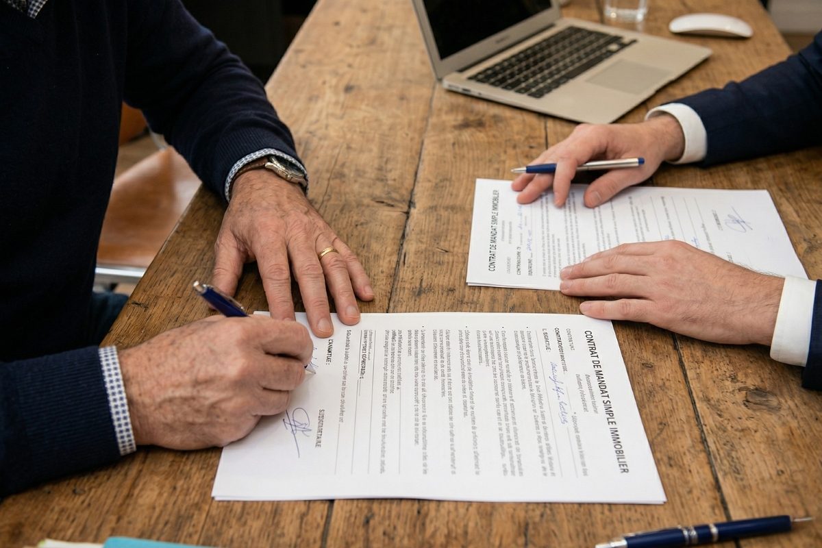 Un propriétaire signant un contrat de mandat simple immobilier sur un bureau face à un agent.